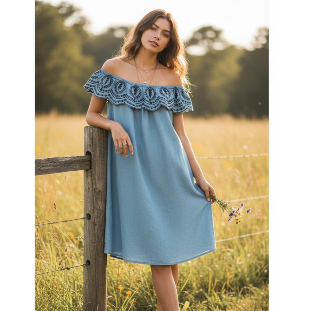 Signature‎ Studio M Dress Shift Embroidered Ruffle Chambray Boho Coastal Western